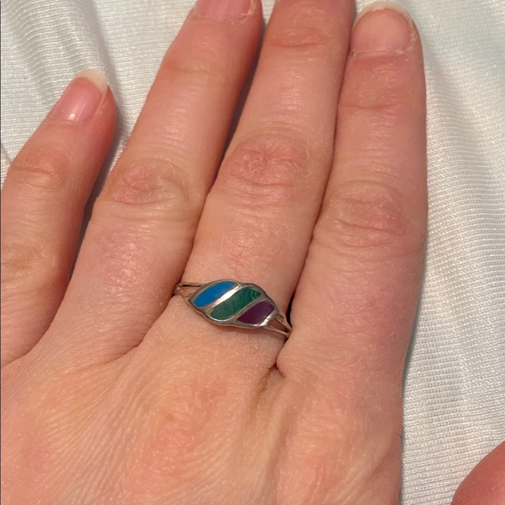 Vintage 925 Silver Multicolor Inlay Ring - Size 9